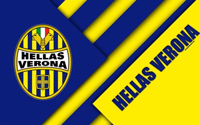 Hellas Verona FC, logo, 4k, material design, football, Serie A, Verona, Italy, yellow blue abstraction, Italian football club