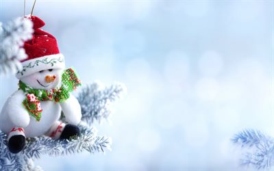 snowman, winter, Santa Claus hat, Christmas, snow