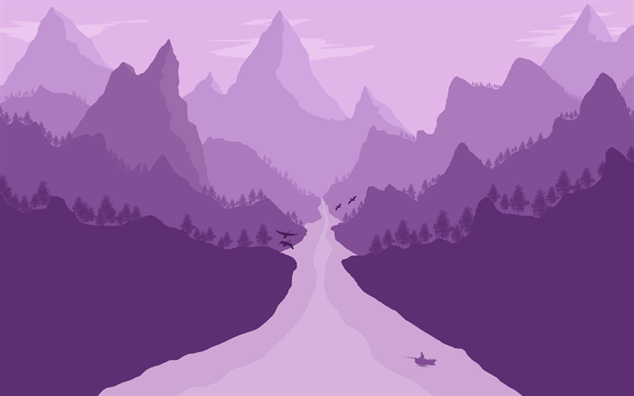 4k, mountains, river, forest, purple landscape, minimal