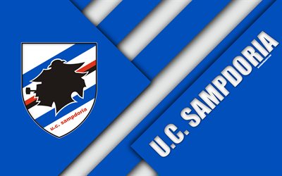 Sampdoria FC, logo, 4k, material design, football, Serie A, Genoa, Italy, white blue abstraction, Italian football club