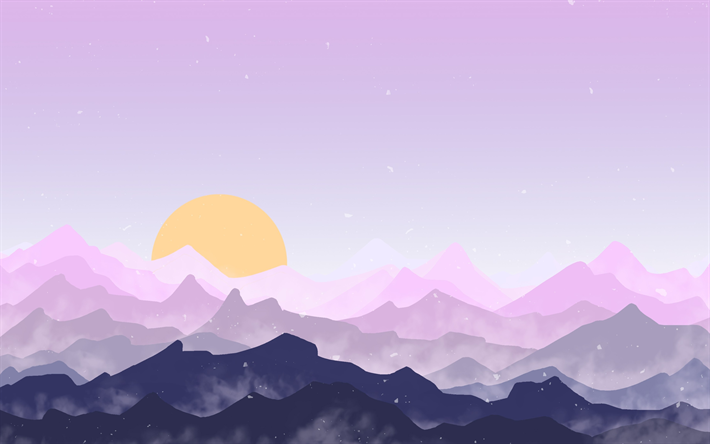 4k, mountains, sun, forest, pink landscape, minimal