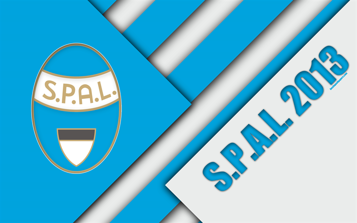 SPAL 2013 FC, logo, 4k, material design, football, Serie A, Ferrara, Italy, blue white abstraction, Italian football club