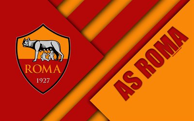 Roma FC, logo, 4k, material design, football, Serie A, Rome, Italy, red yellow abstraction, Italian football club, AS Roma