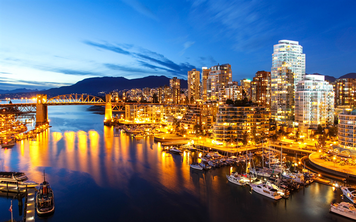 Vancouver, Canada, noite, bay, 4k, luzes da cidade, edif&#237;cios modernos, capital do Canad&#225;
