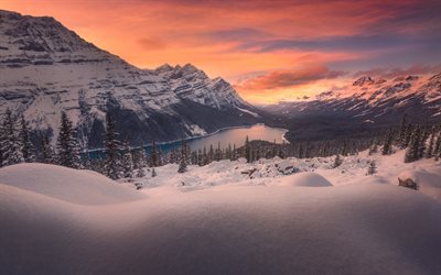 mountain lake, winter landscape, sunset, mountains, forest, snow, Montana, USA