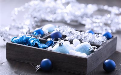 Blue Christmas decorations, New Year, wooden box, blue Christmas balls