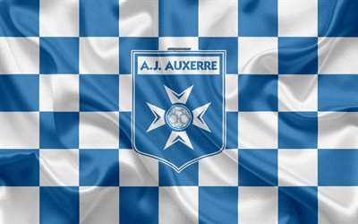 AJ Auxerre, 4k, logo, creativo, arte, blu, bianco, bandiera a scacchi, il calcio francese club di Ligue 2, il nuovo emblema, seta, texture, Auxerre, in Francia, il calcio, l&#39;Auxerre FC