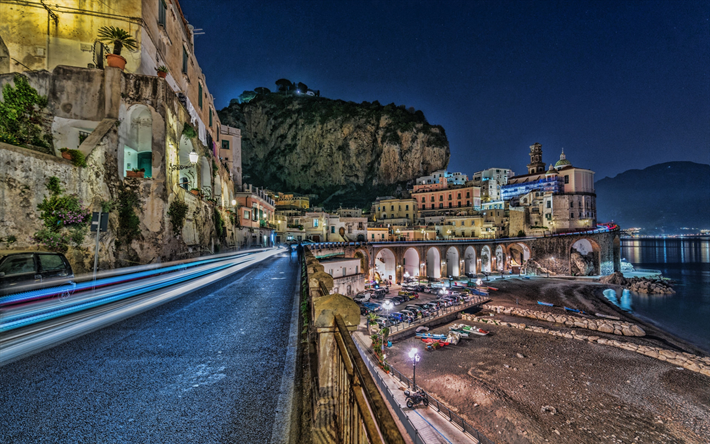 Amalfi, HDR, natt, trafikljus, spin, havet, Italien, Europa