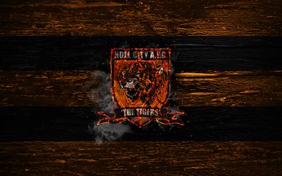 Hull City FC, fire logo, Championship, orange and black lines, english football club, grunge, football, soccer, Hull City logo, wooden texture, England