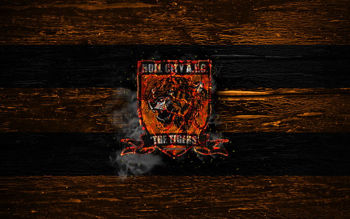 Hull City FC, yangın logo, Şampiyonluk, turuncu ve siyah &#231;izgiler, İngiliz Futbol Kul&#252;b&#252;, grunge, futbol, Hull City logo, ahşap doku, İngiltere