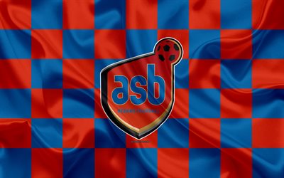 AS Beziers, 4k, logo, creative art, blue orange checkered flag, French football club, Ligue 2, new emblem, silk texture, Beziers, France, football