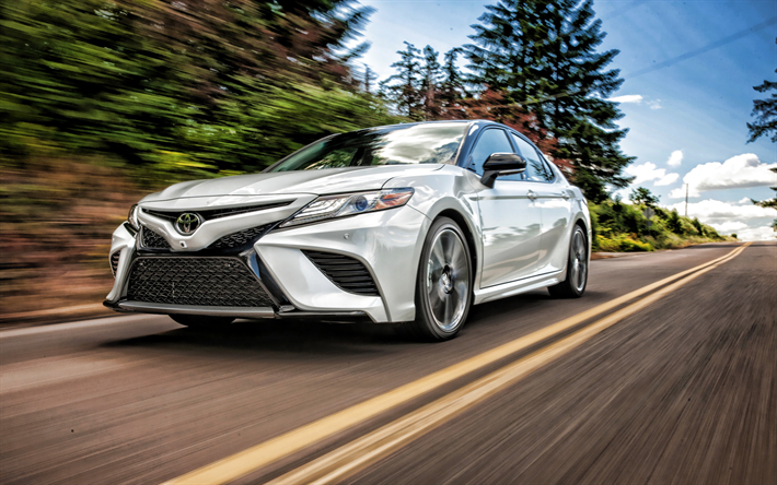 Toyota Camry, motion blur, 2019 cars, white Camry, japanese cars, 2019 Toyota Camry, HDR, Toyota