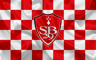 Stade Brestois 29, 4k, logo, creative art, red white checkered flag, French football club, Ligue 2, new emblem, silk texture, Brest, France, football, Brest FC