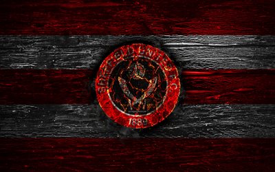 Sheffield United FC, fire logo, Championship, red and white lines, english football club, grunge, football, soccer, Sheffield United logo, wooden texture, England