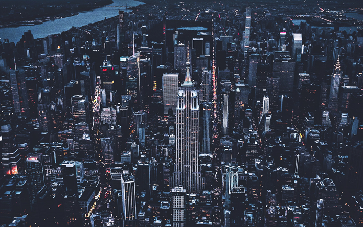 مانهاتن, عرض جوي, نيويورك, nightscapes, مناظر المدينة, المباني الحديثة, الولايات المتحدة الأمريكية, أمريكا