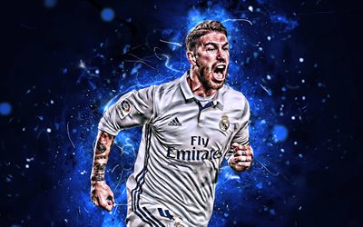 Sergio Ramos, goal, spanish footballers, Real Madrid FC, La Liga, blue background, Ramos, soccer, football, Galacticos