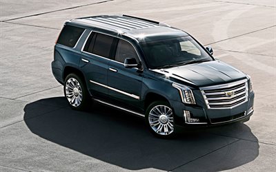 Cadillac Escalade Platinum, 2018, 4k, SUV de luxo, vista de cima, novo tom de cinza Escalade, os carros americanos, Cadillac