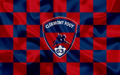 clermont foot 63, 4k, logo, kunst, rot, blau, kariert, fahne, franz&#246;sisch fu&#223;ball-club, ligue 2, neuer emblem, seide textur, clermont-ferrand, frankreich, fu&#223;ball, clermont fc
