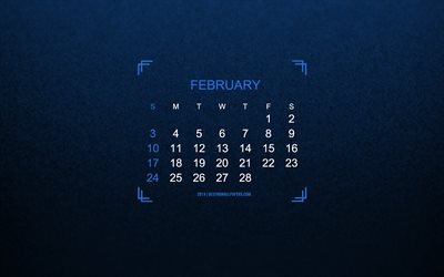 Calendar February 2019, blue background, winter concepts, 2019 calendar, art, blue texture, calendar for February 2019, typography