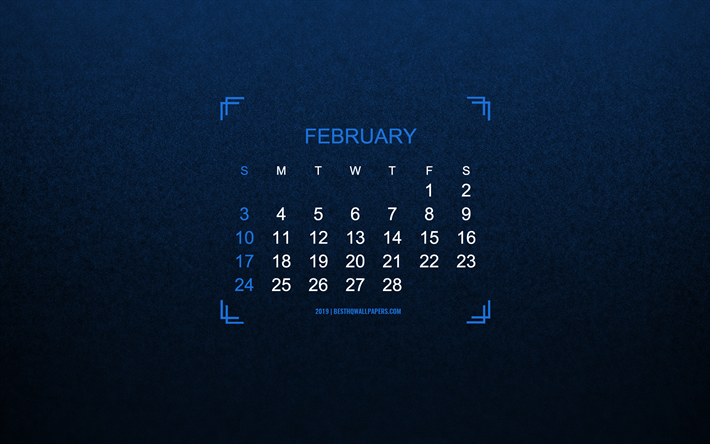 Kalender Februari 2019, bl&#229; bakgrund, vintern begrepp, 2019 kalender, konst, bl&#229; struktur, kalender f&#246;r februari 2019, typografi