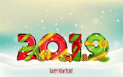 4k, Happy New Year 2019, 3D digits, creative, 2019 concepts, 2019 in snow, abstract art, 2019 year, 2019 with xmas decorations