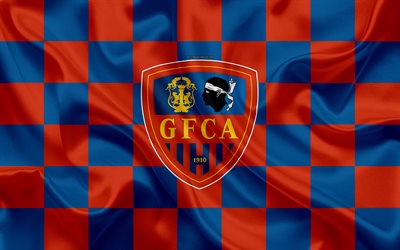 GFC Ajaccio, 4k, logo, creative art, orange blue checkered flag, French football club, Ligue 2, new emblem, silk texture, Ajaccio, France, football, Gazelec Ajaccio