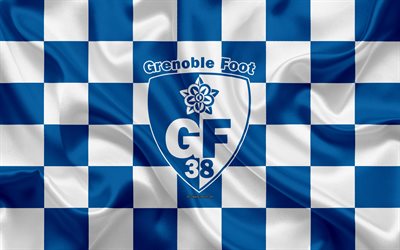 Grenoble Foot 38, GF38, 4k, logo, art cr&#233;atif, blanc bleu drapeau &#224; damier, club fran&#231;ais de football, Ligue 2, nouvel embl&#232;me de la, soie, texture, Grenobble, en France, le football