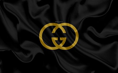 Gucci, gold logo, brands, logo on black fabric, black silk texture, art, italian clothing manufacturer, Gucci emblem