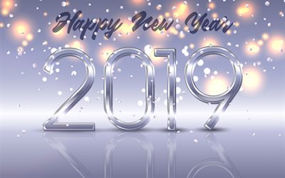 Happy New Year 2019, purple background, glass letters, 2019 art, 2019 glass background, New Year, 2019 concepts