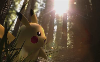 Pikachu in forest, 4k, Pokemon, 3D art, chubby rodent, artwork, Pikachu