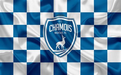 FC Chamois Niort, 4k, logo, creativo, arte, bianco e blu, bandiera a scacchi, il calcio francese club di Ligue 2, il nuovo emblema, seta, texture, Niort, Francia, calcio
