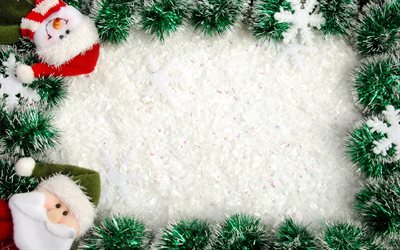 La navidad marco, la textura de la nieve, Feliz A&#241;o Nuevo, Santa clauses, gnomos, invierno, nieve, Navidad, &#225;rbol verde, de la plantilla de una tarjeta de Navidad