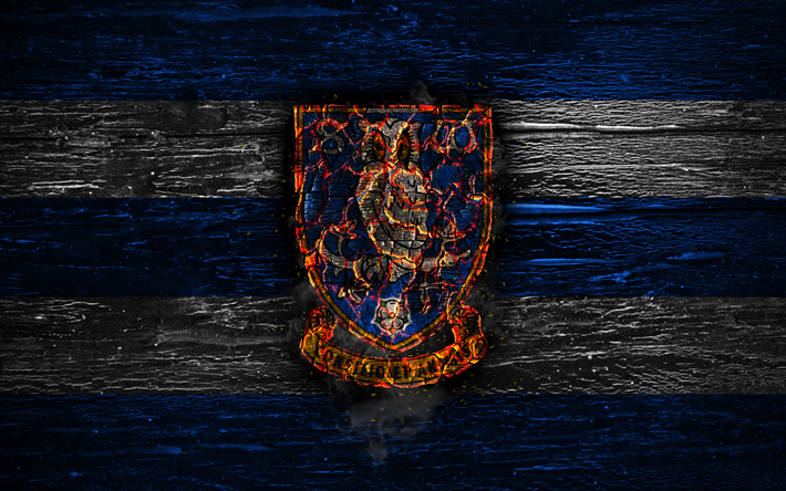 Sheffield Wednesday FC, fire logo, Championship, blue and white lines, english football club, grunge, football, soccer, Sheffield Wednesday logo, wooden texture, England