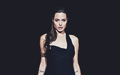 4k, Angelina Jolie en vestido negro, americana de celebridades, estrellas de cine, de fotograf&#237;a, Hollywood, las superestrellas, Angelina Jolie, actriz estadounidense, Jolie