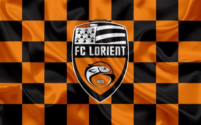 FC Lorient, 4k, logo, art cr&#233;atif, orange noir drapeau &#224; damier, club fran&#231;ais de football, Ligue 2, nouvel embl&#232;me de la, soie, texture, Lorient, France, football