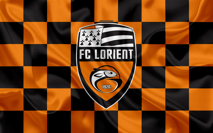 FC Lorient, 4k, logotyp, kreativ konst, orange svart rutig flagga, Franska fotbollsklubben, League 2, nya emblem, siden konsistens, Lorient, Frankrike, fotboll
