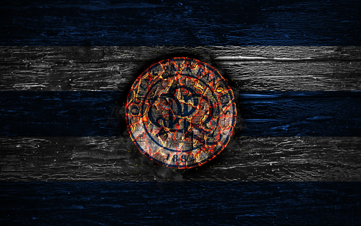 Queens Park Rangers FC, fire logo, Championship, blue and white lines, english football club, grunge, QPR, football, soccer, Queens Park Rangers logo, wooden texture, England