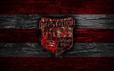 Brentford FC, fire logo, Championship, red and white lines, english football club, grunge, football, soccer, Brentford logo, wooden texture, England