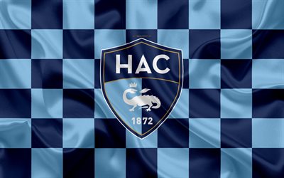 Le Havre AC, 4k, logo, art cr&#233;atif, bleu drapeau &#224; damier, club fran&#231;ais de football, Ligue 2, nouvel embl&#232;me, la texture de la soie, Le Havre, France, le football, le Havre FC