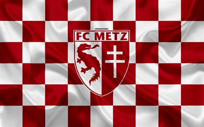 FC Metz, 4k, logo, creative art, burgundy white checkered flag, French football club, Ligue 2, new emblem, silk texture, Metz, France, football