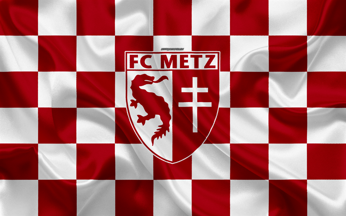 FC Metz, 4k, شعار, الفنون الإبداعية, عنابي اللون الأبيض متقلب العلم, نادي كرة القدم الفرنسي, الدوري 2, الشعار الجديد, نسيج الحرير, ميتز, فرنسا, كرة القدم