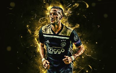Hakim Ziyech, uniforme preto, moroccan jogadores de futebol, Ajax FC, futebol, Ziyech, a arte abstrata, Campe&#227;o Holand&#234;s, luzes de neon