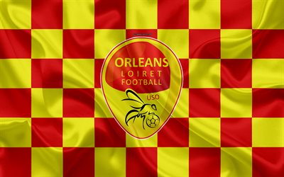 NOS Orleans, 4k, logo, arte criativa, amarelo-vermelho bandeira quadriculada, Clube de futebol franc&#234;s, Liga 2, novo emblema, textura de seda, Orleans, Fran&#231;a, futebol