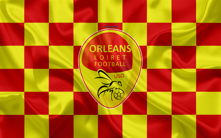 NOI Orleans, 4k, logo, arte creativa, di colore giallo-rosso bandiera a scacchi, il calcio francese club di Ligue 2, il nuovo emblema, seta, texture, Orleans, in Francia, il calcio
