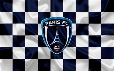 O Paris FC, 4k, logo, arte criativa, azul branco bandeira quadriculada, Clube de futebol franc&#234;s, Liga 2, novo emblema, textura de seda, Paris, Fran&#231;a, futebol
