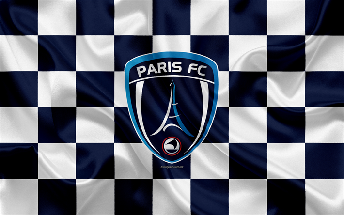 Paris FC, 4k, logotyp, kreativ konst, bl&#229;-vit rutig flagga, Franska fotbollsklubben, League 2, nya emblem, siden konsistens, Paris, Frankrike, fotboll