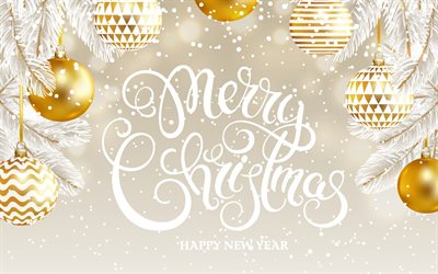 Merry Christmas, light background, golden Christmas balls, winter, white tree, 2019 New Year