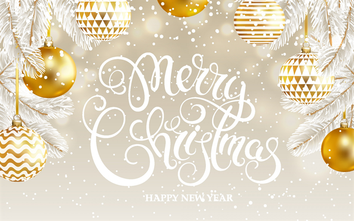 Merry Christmas, light background, golden Christmas balls, winter, white tree, 2019 New Year