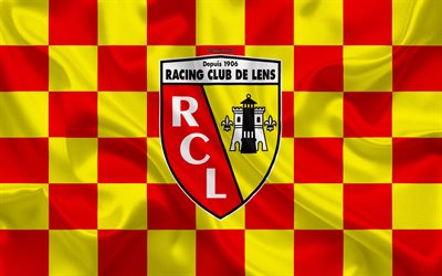 RC Lens, 4k, شعار, الفنون الإبداعية, الأصفر-الأحمر متقلب العلم, نادي كرة القدم الفرنسي, الدوري 2, الشعار الجديد, نسيج الحرير, عدسة, فرنسا, كرة القدم