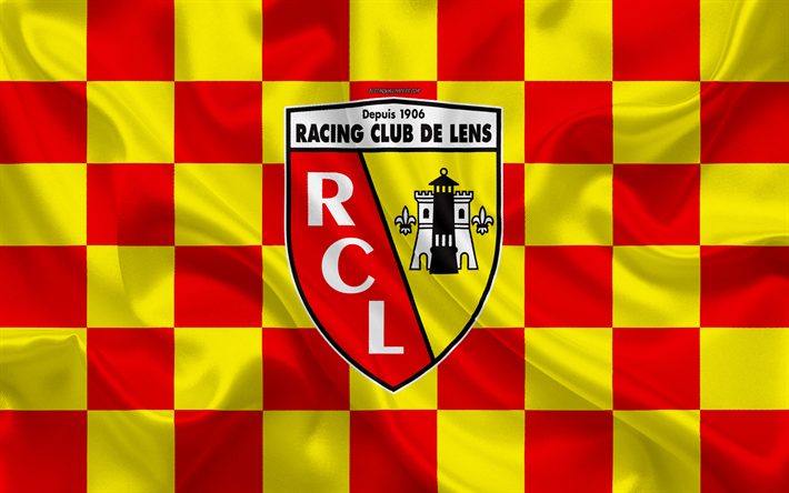 RC Lens, 4k, logo, arte criativa, amarelo-vermelho bandeira quadriculada, Clube de futebol franc&#234;s, Liga 2, novo emblema, textura de seda, Lente, Fran&#231;a, futebol